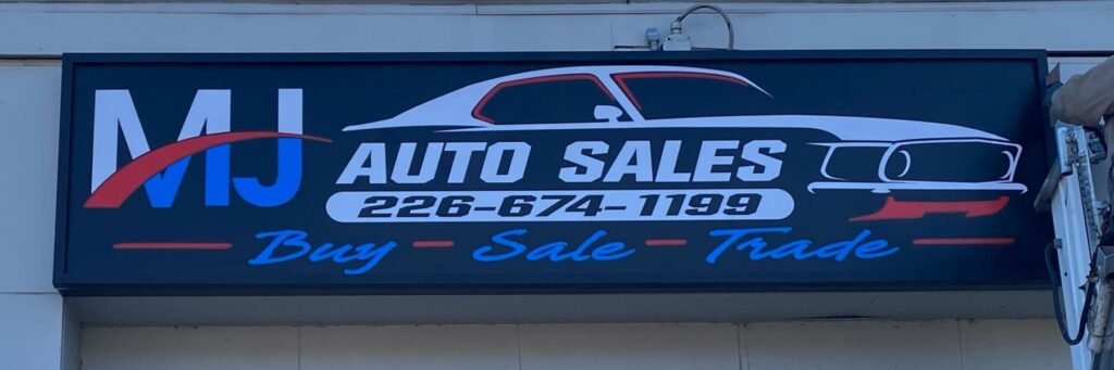 MJ Auto Sales cabinet sign
